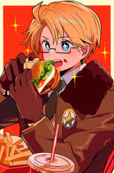 Rule 34 | + +, 1boy, america (hetalia), axis powers hetalia, blonde hair, blue eyes, blush, border, brown gloves, brown jacket, burger, collared shirt, cup, disposable cup, drinking straw, food, french fries, fur-trimmed jacket, fur trim, gloves, green necktie, hair between eyes, hands up, holding, holding burger, holding food, jacket, long sleeves, looking at food, male focus, military uniform, necktie, open clothes, open jacket, open mouth, outside border, red background, sanamaru (sana79261827), shirt, short hair, simple background, solo, star (symbol), star print, teeth, white border, white shirt
