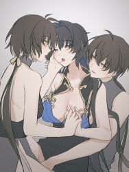 1boy 2girls after_kiss artist_name bare_shoulders bisexual_female black_eyes black_hair blush breasts chinese_commentary collarbone commentary_request feather_hair female_rover_(wuthering_waves) grabbing_another&#039;s_breast grabbing_from_behind grey_shirt groping hand_under_clothes highres kohane_kun large_breasts looking_at_another low_ponytail male_rover_(wuthering_waves) mole mole_under_eye multiple_girls no_jacket ponytail rover_(wuthering_waves) saliva saliva_trail shirt smile wuthering_waves yangyang_(wuthering_waves) yellow_eyes