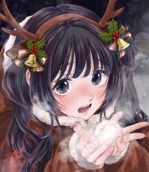1girl absurdres animal_costume antlers black_hair blue_eyes blush christmas dumbbell female_focus hands_up highres horns kaoru_hana_wa_rin_to_saku long_hair looking_at_viewer mikami_saka night night_sky official_art open_mouth reindeer_antlers reindeer_costume sky steam tongue twintails very_long_hair waguri_kaoruko