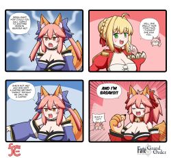 3girls 4koma ahoge animal_collar animal_ear_fluff animal_ears animal_hands annoyed artist_logo bell blonde_hair blue_background blue_bow blue_kimono blush bow braid breasts claws cleavage closed_eyes collar collarbone comic commentary copyright_name detached_collar detached_sleeves emphasis_lines english_commentary english_text engrish_text epaulettes fang fate/extra fate/grand_order fate_(series) fox_ears fox_girl fox_tail french_braid glasses green_eyes hair_bow hair_ribbon highres japanese_clothes jingle_bell keita_naruzawa kimono koyanskaya_(fate) large_breasts logo long_sleeves looking_at_viewer looking_to_the_side multiple_girls neck_bell nero_claudius_(fate) nero_claudius_(fate/extra) open_mouth pink_background pink_bow pink_hair pointing pointing_at_self ponytail puffy_sleeves ranguage red_bow red_collar red_kimono red_ribbon ribbon side_ponytail sidelocks speech_bubble split_ponytail sweatdrop tail tamamo_(fate) tamamo_cat_(fate) tamamo_cat_(first_ascension)_(fate) tamamo_no_mae_(fate/extra) teeth v-shaped_eyebrows wide_sleeves yellow_eyes