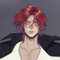 1boy beard_stubble black_cape cape commentary_request facial_hair grey_background hair_between_eyes han_lan korean_commentary male_focus one_piece parted_lips red_hair scar scar_on_face shanks_(one_piece) shirt short_hair simple_background solo stubble upper_body white_shirt