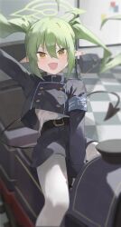 1girl alone_(user_pafj5434) between_legs blue_archive blue_jacket blue_shorts chinese_commentary commentary_request demon_girl demon_tail fang green_hair green_halo halo hand_between_legs highres jacket long_hair looking_at_viewer nozomi_(blue_archive) open_mouth pantyhose pointy_ears shorts sidelocks sitting skin_fang solo tail twintails very_long_hair white_pantyhose yellow_eyes