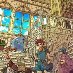 1girl 3boys animal armor bag bare_shoulders belt black_eyes blue_eyes blue_hair blue_tunic book bookshelf bracelet cat ceiling chrono_trigger closed_mouth creature crono_(chrono_trigger) dress frog_(chrono_trigger) frog_boy gold_armlet gold_choker headband highres holding holding_animal holding_cat indoors janus_zeal jewelry library looking_at_viewer marle_(chrono_trigger) multiple_boys necklace nu_(chrono_trigger) orange_hair parted_lips plant ponytail potted_plant purple_robe quiver red_hair robe sheath sheathed short_sleeves spiked_hair stairs standing strapless strapless_dress sword toriga tunic weapon white_dress white_headband window wristband