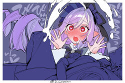 Rule 34 | 1futa, 1girl, belle (zenless zone zero), blush, bulge, cum, cum in clothes, cum through clothes, ear blush, earrings, ejaculation, erection, erection under clothes, futa with female, futanari, grey hair, heart, heart-shaped pupils, highres, jewelry, long hair, long sleeves, looking at bulge, mirin chikuwa, mole, mole under eye, multicolored hair, open mouth, pointy ears, projectile cum, purple hair, red eyes, single thighhigh, skirt, solo focus, streaked hair, symbol-shaped pupils, text background, thighhighs, vivian banshee, wide-eyed, zenless zone zero