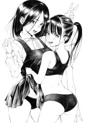 2girls ass back clothes_lift collared_shirt dress gagaimo greyscale highres long_hair looking_at_viewer looking_back monochrome multiple_girls open_mouth original pinafore_dress ponytail shirt simple_background skirt skirt_lift sleeveless sleeveless_dress smile sports_bikini v