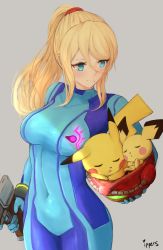 1girl artist_name blonde_hair blue_bodysuit blue_eyes blush bodysuit breasts closed_eyes closed_mouth covered_navel cowboy_shot creatures_(company) game_freak gen_1_pokemon gen_2_pokemon glowing gun hair_between_eyes helmet high_ponytail highres holding holding_gun holding_helmet holding_weapon ippers long_hair medium_breasts metroid mole mole_under_mouth nintendo pichu pikachu pokemon pokemon_(creature) ponytail samus_aran sidelocks sleeping smile super_smash_bros. trigger_discipline unworn_headwear unworn_helmet weapon zero_suit