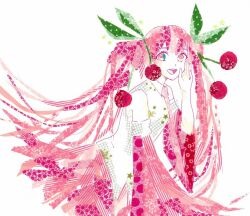 1girl :d abstract bare_shoulders cherry_hair_ornament collared_shirt food-themed_hair_ornament hair_ornament hand_up hatsune_miku long_hair long_sleeves masking_tape_(medium) miku_day mixed_media necktie open_mouth pink_eyes pink_hair pink_necktie pink_skirt pink_sleeves poncho_(ponpontyo_8) sakura_miku shirt simple_background skirt sleeveless sleeveless_shirt smile solo star_(symbol) teeth traditional_media twintails unconventional_media upper_body upper_teeth_only very_long_hair vocaloid white_background wide_sleeves