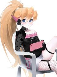 1girl :o absurdres alternate_costume belt blonde_hair blue_eyes breasts chair choker ciel_(mega_man) commission commissioner_upload digital_hazard eyelashes fauron714 fishnets frilled_shirt frilled_sleeves frills gloves hair_ornament handheld_game_console highres long_hair long_sleeves looking_at_viewer mechanical_ears mega_man_(series) mega_man_zero_(series) monobloc_(chair) no_bodystocking no_headwear non-web_source ponytail shirt shorts sitting small_breasts thighs transparent_background