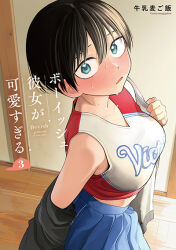 1girl akira_(takou_no_boyish_kanojo) black_hair blue_eyes blush breasts hair_between_eyes indoors looking_at_viewer mmmo3 no non-web_source short_hair skirt sweat takou_no_boyish_kanojo