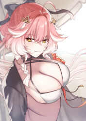 Rule 34 | 1girl, absurdres, ahoge, alternate costume, bikini, black bow, bow, braid, breasts, bright pupils, changli (wuthering waves), cleavage, closed mouth, colored extremities, commentary request, hair bow, hair extensions, hair intakes, hair ornament, hand up, highres, large breasts, looking at viewer, multicolored hair, pink hair, red hands, ring hair extensions, smile, solo, swimsuit, twin braids, two-tone hair, uissu, upper body, white bikini, white hair, white pupils, wuthering waves, yellow eyes
