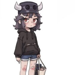 Rule 34 | 1girl, bandaid, bandaid on hand, bandaid on knee, bandaid on leg, bare legs, black hair, black headwear, black hoodie, closed mouth, commission, denim, denim shorts, drawstring, fake horns, feet out of frame, female focus, holding, hood, hood down, hoodie, horned headwear, long sleeves, looking at viewer, medium hair, original, qtkat, red eyes, short shorts, shorts, simple background, solo, standing, thighs, torn clothes, torn hoodie, white background