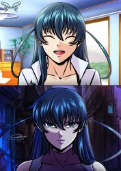 Rule 34 | 1girl, angry, artist logo, artist name, blue eyes, blue hair, bodysuit, highres, igawa asagi, logo, long hair, looking at viewer, meme, multiple expressions, remchi301, signature, smile, squid game, taimanin (series), taimanin asagi, year 1 &amp; year 2 (squid game) (meme)