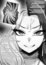 1boy 1girl absurdres baguette_man cellphone choker earrings english_text false_smile goddess_of_victory:_nikke highres holding holding_phone hypnosis_app jewelry korean_commentary mind_control mixed-language_commentary monochrome multicolored_hair paid_reward_available phone rosanna_(nikke) smartphone smile split-color_hair veins