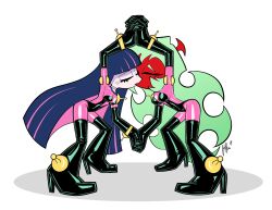 Rule 34 | absurdres, bodysuit, colored skin, commission, cosplay, costume switch, demon girl, g gundam, gloves, gundam, highres, holding hands, kiss, latex, latex bodysuit, latex gloves, panty &amp; stocking with garterbelt, qqlettuce, rain mikamura, red skin, scanty (psg), stocking (psg), yuri