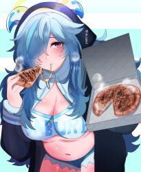 Rule 34 | 1girl, black coif, blue hair, blue shorts, blush, breasts, cheese, cheese trail, cleavage, closed mouth, commentary request, cowboy shot, doubliel, eating, fingernails, food, hair over one eye, halo, highres, holding, holding food, horns, large breasts, long hair, looking at viewer, mahjong fight girl, midriff, navel, pink eyes, plump, shorts, sk camd, solo, sports bra, traditional halo, white horns, white sports bra, yellow halo