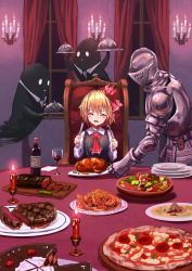 1girl :d ^_^ alcohol armor ascot black_vest blonde_hair blush bottle cake candle chair chicken_(food) closed_eyes commentary_request crown cup curtains cutting_board drinking_glass facing_viewer fang feast food ghost hair_ribbon hands_up highres holding holding_plate indoors knight long_sleeves margherita_pizza meat mini_crown open_mouth pasta pizza plate red_ascot red_ribbon ribbon roke_(taikodon) rumia salad serving_dome shirt short_hair smile spaghetti steak table tablecloth touhou upper_body vest white_shirt window wine wine_bottle wine_glass
