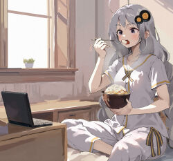 Rule 34 | 1girl, ahoge, blush, bowl, braid, collared shirt, commentary request, computer, day, dress shirt, eating, food, food request, fork, grey hair, hair ornament, highres, holding, holding bowl, holding fork, indoors, kizuna akari, lamb (hitsujiniku), laptop, long hair, low twintails, open mouth, pants, purple eyes, shirt, short sleeves, sitting, solo, sunlight, twin braids, twintails, very long hair, voiceroid, white pants, white shirt, window