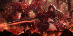 1girl 1other absurdres armor artist_request belt black_belt black_gloves black_hair black_jacket black_shirt black_thighhighs brown_skirt character_request colored_inner_hair cropped_shirt crossed_legs fake_horns final_gear fingerless_gloves fire game_cg gloves grin hairband headphones highres holding holding_sword holding_weapon horns jacket leg_belt long_hair mecha mechanical_arms mechanical_boots mechanical_legs midriff multicolored_hair multicolored_jacket neckerchief official_art open_clothes open_jacket open_mouth outdoors pleated_skirt pn72_yogui red_hair red_neckerchief red_theme robot shirt sitting skirt sky sleeves_rolled_up smile standing striped_clothes striped_jacket striped_skirt sword teeth thigh_belt thigh_strap thighhighs third-party_source three-quarter_sleeves two-tone_hair two-tone_jacket two-tone_skirt two-tone_sleeves vertical-striped_clothes vertical-striped_jacket very_long_hair weapon wispy_bangs yellow_eyes yellow_sky