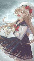 1girl absurdres blonde_hair blue_sailor_collar blue_sky bow bowtie closed_eyes commentary crying doll hat hat_bow highres holding holding_doll long_hair motchida ocean open_mouth original rain red_bow red_bowtie sailor_collar sky solo tears teruterubouzu wind_turbine windmill