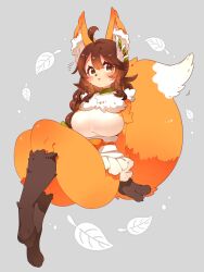 1girl :3 ahoge animal_ear_fluff animal_ears animal_feet animal_hands animal_nose apron blush bow braid breasts brown_fur brown_hair collar fox_ears fox_girl fox_tail full_body furry furry_female green_bow green_collar grey_background hair_bow highres large_breasts leaf looking_at_viewer multicolored_fur navel neck_fur open_mouth orange_fur original simple_background single_braid sitting solo tail thick_thighs thighs toconikky white_apron white_fur yellow_eyes
