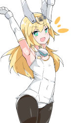 Rule 34 | 1girl, aqua eyes, arm up, baselard, blonde hair, blush, frame arms girl, long hair, nejirehifumi, open mouth, pantyhose, pantyhose under swimsuit, school swimsuit, smile, solo, swimsuit