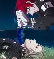 2boys absurdres ahoge anger_vein aotsuki_eito armband black_jacket clenched_teeth commentary derivative_work eecaruz english_commentary english_text eyeliner gloves grass grin highres holding holding_weapon hole_in_chest hole_on_body i&#039;ll_cut_your_throat!_that&#039;ll_shut_you_up!_(meme) jacket last_defense_academy_school_uniform makeup male_focus meme mononoke_hime multicolored_hair multiple_boys night night_sky on_ground red_eyeliner red_hair school_uniform screenshot_redraw sky smile streaked_hair sumino_takumi teeth the_hundred_line_-last_defense_academy- twitter_username weapon white_armband white_gloves yaoi