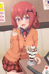 Rule 34 | + +, 1girl, bat hair ornament, couch, fang, food, gabriel dropout, hair ornament, highres, looking at viewer, microphone, necktie, nyaroon, parfait, purple eyes, red hair, red necktie, red skirt, satanichia kurumizawa mcdowell, school uniform, sitting, skirt, smile, spoon