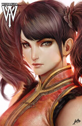 1girl artist_logo artist_name brown_hair china_dress chinese_clothes dress grey_eyes hair_behind_ear highres light_frown ling_xiaoyu logo looking_at_viewer portrait red_dress signature simple_background sleeveless sleeveless_dress solo tekken twintails v-shaped_eyebrows white_background wizyakuza