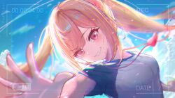 Rule 34 | 1girl, artist name, bad anatomy, blonde hair, blurry, blurry foreground, blush, breasts, chromatic aberration, cloud, cloudy sky, commentary, dot nose, english commentary, grey shirt, heavy chromatic aberration, highres, medium breasts, open hand, parted bangs, pink eyes, project sekai, pupingai, reaching, recording, shirt, short sleeves, sidelocks, sky, smile, solo, t-shirt, teeth, tenma saki, twintails, upper body, viewfinder