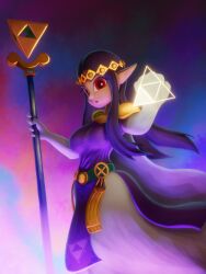 1girl absurdres armor belt black_hair breasts dress gloves green_belt headband highres holding holding_staff large_breasts long_hair looking_at_viewer nintendo no_lineart open_mouth pointy_ears princess_hilda print_dress purple_dress red_eyes shoulder_armor soandnb staff standing the_legend_of_zelda the_legend_of_zelda:_a_link_between_worlds triforce triforce_print white_gloves