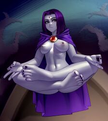 1girl :/ absurdres ass barefoot black_leotard black_nails cloak closed_mouth commentary commission crossed_legs dc_comics english_commentary feet gem highres kairunoburogu leotard long_sleeves looking_at_viewer meditation midair nail_polish nipples nude outdoors purple_cloak purple_eyes raven_(dc) solo teen_titans toenail_polish toenails toes