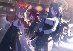 3girls animal_ears black_jacket black_pants black_pantyhose black_skirt blue_archive blue_eyes braid braided_hair_rings brown_hair closed_mouth crossed_bangs dress eyewear_on_head fox_ears fox_girl game_cg green_jacket gun hair_between_eyes hair_bun hair_over_one_eye hair_rings handgun hands_on_own_hips highres holding holding_gun holding_weapon jacket jacket_on_shoulders long_bangs long_hair looking_at_viewer looking_to_the_side mina_(blue_archive) multiple_girls necktie non-web_source official_art pants pantyhose red_dress red_eyes red_hair red_jacket red_necktie reijo_(blue_archive) rumi_(blue_archive) shirt sidelocks single_side_bun skirt smile sunglasses weapon white_shirt