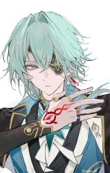 1boy anaxa_(honkai:_star_rail) aqua_hair azero_a0 blue_eyes chain closed_mouth eyepatch hand_tattoo highres honkai:_star_rail honkai_(series) male_focus medium_hair one_eye_covered red_tattoo simple_background solo tattoo white_background
