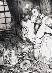 2boys bedroom blood bottle closed_mouth curtains dead_rabbits_(identity)_(project_moon) flaw_eight gauze gregor_(project_moon) greyscale hair_slicked_back highres hug indoors lamp limbus_company long_hair meursault_(project_moon) monochrome multiple_boys pill_bottle project_moon sitting smoke storm surgical_scissors sweat syringe window wuthering_heights_(identity)_(project_moon) yaoi
