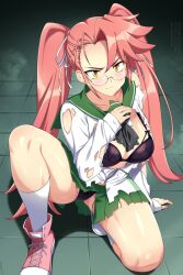 1girl black_bra black_panties blush bra breasts closed_mouth commentary curtained_hair english_commentary fang fang_out glasses green_sailor_collar green_skirt hair_ribbon hand_up highres highschool_of_the_dead knee_up large_breasts lindaroze long_hair long_sleeves looking_at_viewer on_one_knee panties pink_hair pink_shoes pleated_skirt ribbon rimless_eyewear sailor_collar school_uniform shirt shoes skirt socks solo takagi_saya thick_thighs thighs tile_floor tiles torn_clothes torn_shirt torn_skirt twintails underwear v-shaped_eyebrows very_long_hair white_ribbon white_shirt white_socks yellow_eyes