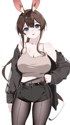 1girl absurdres alternate_breast_size alternate_costume amiya_(arknights) animal_ears arknights arm_at_side bare_shoulders black_jacket black_pantyhose black_shorts blue_eyes blush breasts brown_hair camisole chinese_commentary cleavage commentary cowboy_shot grey_camisole hand_on_own_hip head_tilt highres jacket large_breasts long_hair long_sleeves looking_at_viewer navel off_shoulder pantyhose ponytail shenmi_de_xigua short_shorts shorts sidelocks smile solo spaghetti_strap standing very_long_hair