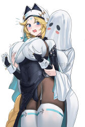 2girls blonde_hair breasts cross cross_bracelet cross_facial_mark facial_mark ghost_costume goddess_of_victory:_nikke grabbing_another&#039;s_breast groping highres large_breasts multiple_girls nun rapunzel_(nikke) rapunzel_(pure_grace)_(nikke) sheet_ghost simple_background skrillex_li white_background