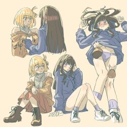 2girls anjuro_zeeku blonde_hair blue_hoodie blush brown_cardigan brown_hair brown_shoes cardigan closed_mouth clothes_lift commentary drawstring english_commentary grey_shirt hair_ribbon hand_on_another&#039;s_leg highres hood hoodie hoodie_lift inoue_takina long_hair long_sleeves lycoris_recoil multiple_girls nishikigi_chisato one_side_up open_mouth orange_eyes panties purple_eyes purple_panties purple_socks ribbon shirt shoes short_hair simple_background sitting sleeveless sleeveless_shirt socks underwear white_shoes yellow_background yuri