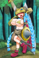 Rule 34 | alternate breast size, blue hair, blush, braid, covered eyes, digimon, digimon (creature), long hair, mask, minervamon, pixiv user (14457527), shield, sword, tongue, tongue out, weapon, wings