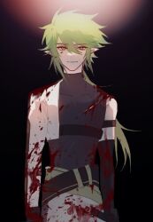 1boy aged_down aotu_world asymmetrical_clothes belt black_background black_gloves black_shirt blood blood_on_clothes blood_on_face chest_belt chinese_commentary closed_mouth cowboy_shot detached_sleeves elbow_gloves gloves green_belt green_hair hair_between_eyes highres jacket long_hair looking_at_viewer low_ponytail male_focus official_alternate_costume open_clothes pants pointy_ears ponytail shirt simple_background single_bare_shoulder smile solo turtleneck white_jacket white_pants xander_(aotu_world) xw_ji_ben_yuan_li_gailun yellow_eyes