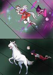 &gt;_&lt; 2girls amate_yuzuriha animal_ears beanie beatsheavens0735 bodysuit closed_eyes dress floating gold_ship_(umamusume) green_background grey_hair gundam gundam_gquuuuuux haro hat highres horse horse_ears horse_girl horse_tail long_hair multicolored_bodysuit multiple_girls parody pillbox_hat red_bodysuit red_dress red_hair scene_reference short_dress short_hair sleeveless sleeveless_dress sparkle star_(symbol) surprised tail transformation umamusume white_bodysuit white_horse x_arms zeknova