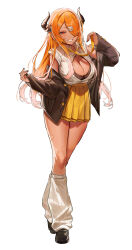 Rule 34 | 1girl, absurdres, bandaid, bandaid on horn, bandaid on leg, black bra, black horns, black jacket, black nails, black shoes, bra, breasts, buttons, cleavage, collared shirt, full body, hair ornament, hair over one eye, hairpin, highres, horns, indie virtual youtuber, jacket, long hair, loose socks, magato sera, mayutsuba mono, nail polish, necktie, open clothes, open jacket, orange hair, partially unbuttoned, pleated skirt, red eyes, shirt, shoes, skirt, sleeveless, sleeveless shirt, sleeves past wrists, smile, socks, solo, tan, underwear, virtual youtuber, white socks, yellow necktie, yellow skirt