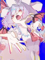 Rule 34 | 1girl, ascot, bat wings, black wings, blue background, blue hair, collar, collared dress, dress, fang, frilled collar, frilled wrist cuffs, frills, hat, hat ribbon, highres, looking at viewer, mob cap, nanashi 1104, open mouth, outstretched hand, reaching, reaching towards viewer, red ascot, red eyes, red ribbon, red wings, remilia scarlet, ribbon, short hair, skin fang, solo, touhou, white dress, white hat, wings, wrist cuffs