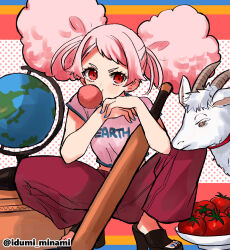 1girl artist_name baseball_bat big_hair blue_nails chewing_gum chuatury_panlunch commentary_request eyelashes fluffy_hair globe goat gundam gundam_suisei_no_majo highres horns izumi_minami nail_polish pants pink_hair pink_shirt print_shirt red_eyes red_pants shirt solo squatting toenail_polish toenails toes twitter_username white_fur