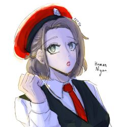 Rule 34 | beret, black vest, brown hair, english text, eyebrows, eyelashes, grey eyes, hand up, hat, highres, humanization, lips, lipstick, long sleeves, makeup, necktie, nigou (hundred line), open mouth, red lips, shirt, solo, the hundred line -last defense academy-, upper body, vest, white background, white shirt