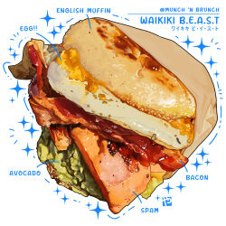 bacon bread english_muffin food food_focus food_name fried_egg no_humans original sandwich spam_(food) studiolg