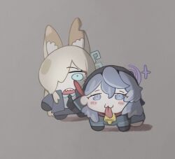 Rule 34 | 2girls, ako (blue archive), all fours, animal ears, bell, blue archive, blue eyes, blue hair, blue halo, blue jacket, blue shirt, blush, chibi, chibi only, collar, commentary, dog ears, hair over eyes, halo, headband, highres, jacket, kanna (blue archive), looking at viewer, multiple girls, naaga sonomono, necktie, open mouth, paw pose, police, police uniform, policewoman, purple halo, shadow, shirt, tongue, tongue out