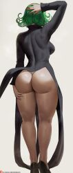 1girl arm_behind_head ass ass_focus black_dress black_shoes breasts dress facing_away female_focus from_behind green_hair high_heels highres kneepits long_sleeves medium_breasts one-punch_man oroborus panties patreon_logo patreon_username shoes simple_background solo standing tatsumaki thick_thighs thighs thong underwear watermark web_address white_background white_panties