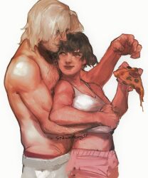 1boy 1girl artist_name beard_stubble black_hair dante_(devil_may_cry) devil_may_cry_(series) facial_hair food highres holding holding_food holding_pizza hug hug_from_behind lady_(devil_may_cry) midriff pizza pizza_slice protected_link shirt signature smile strawderryst stubble white_hair white_shirt