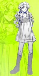 Rule 34 | 1girl, arms behind back, boots, dress, full body, green background, greyscale with colored background, hashtag-only commentary, highres, kininatteru hito ga otoko ja nakatta, light smile, long hair, messy hair, oosawa aya, parted bangs, rainjivi, short sleeves, solo, standing, wavy hair, zoom layer